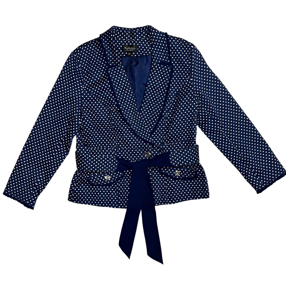 Katherine New York Navy White Polka Dot Blazer Jacket‎ Womens PXL Bow Accent